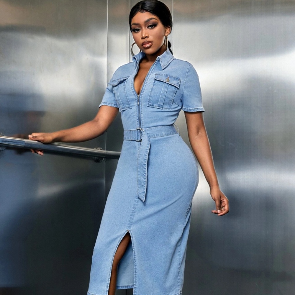 Denim dress with pocket with low zipper flap with belt opening